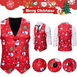 Men's Christmas Waistcoat Slim Xmas Party Festive Fancy Vest Casual Jacket Coats